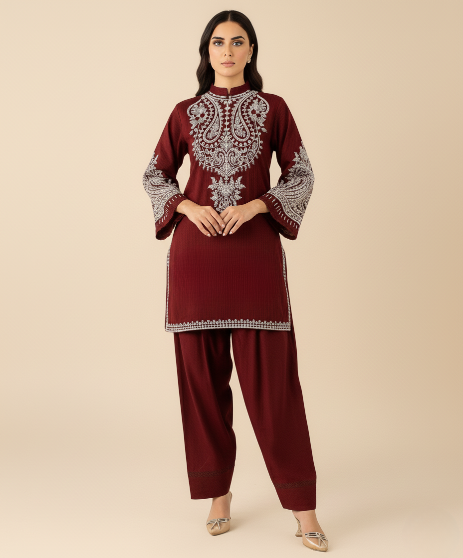 MARIA.B. Maroon Embroidered Ladies Lawn Suit 2 PC – Elegant Pakistani Summer Wear