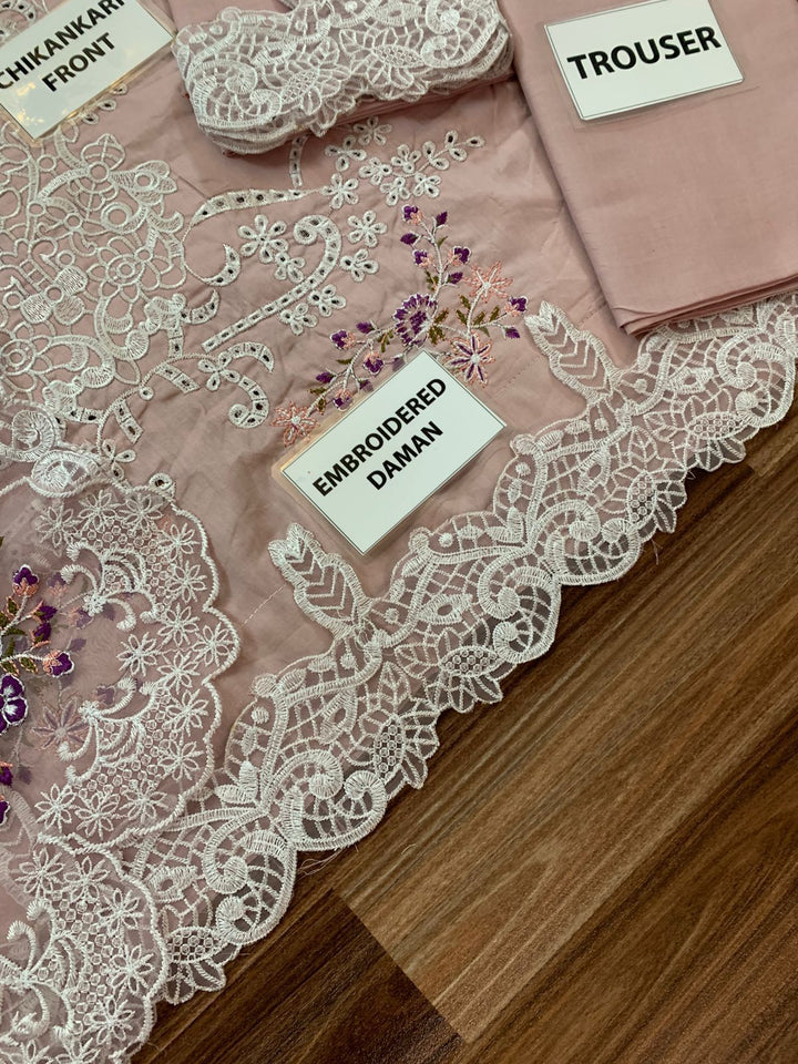 ELAF Luxury Embroidered Unstitched 3 Piece Cotton Suit with Embroidered chiffon Dupatta – Dusty Mauve | Designer Replica