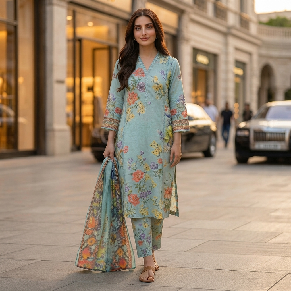Bin Saeed Printed 3 Piece Unstitched Lawn Suit for Women