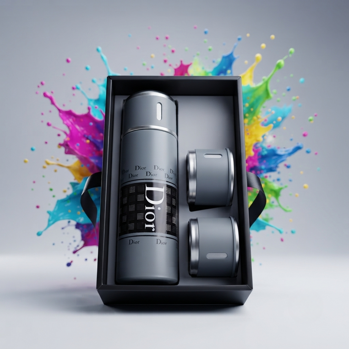🎁 Premium Designer Style Vacuum Flask Gift Set | Stainless Steel Insulated Bottle with 2 Cups