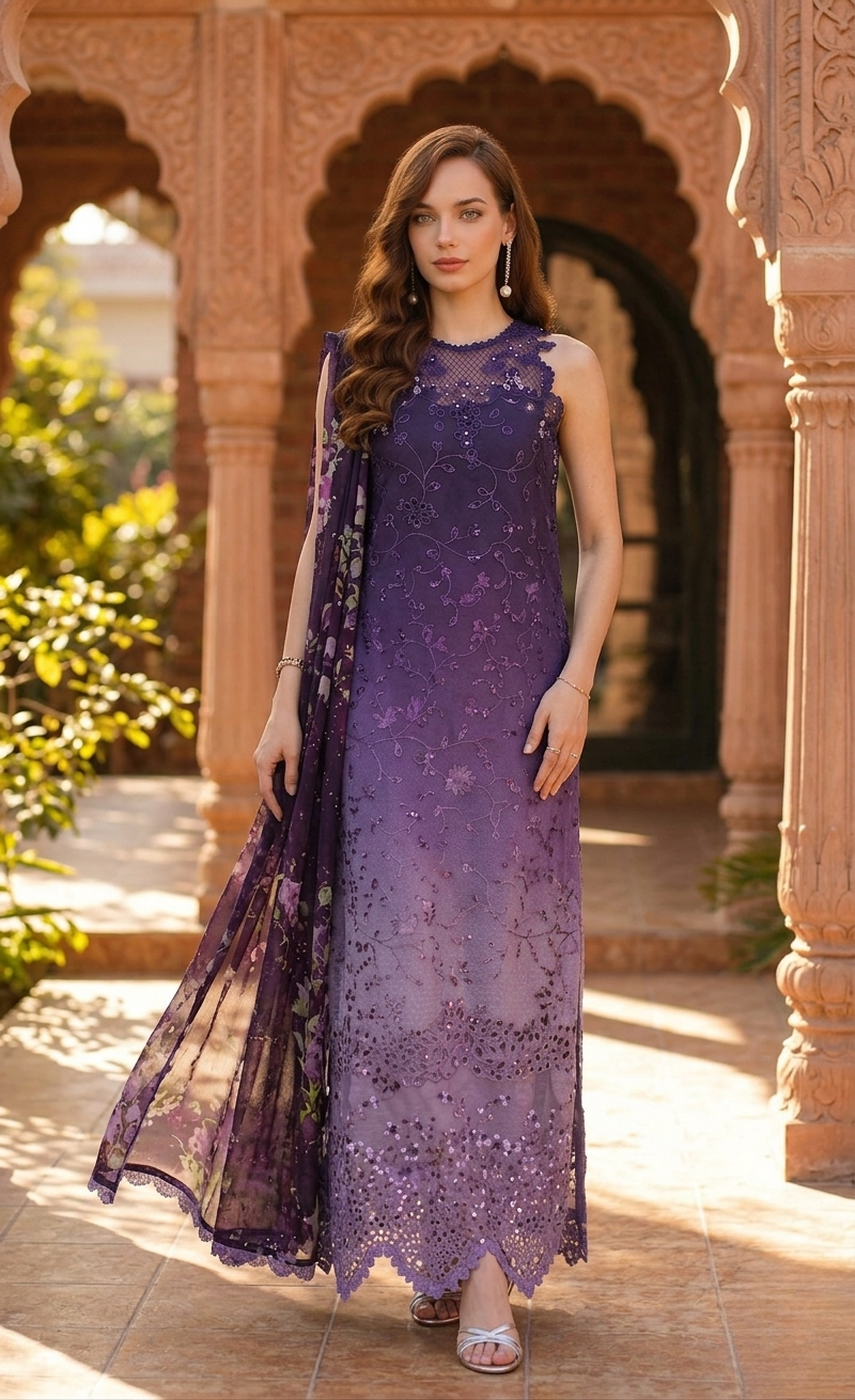 Noor By Saadia Lawn Collection 💜"Purple Reverie" – Embroidered Ombré 3-Piece Lawn Suit