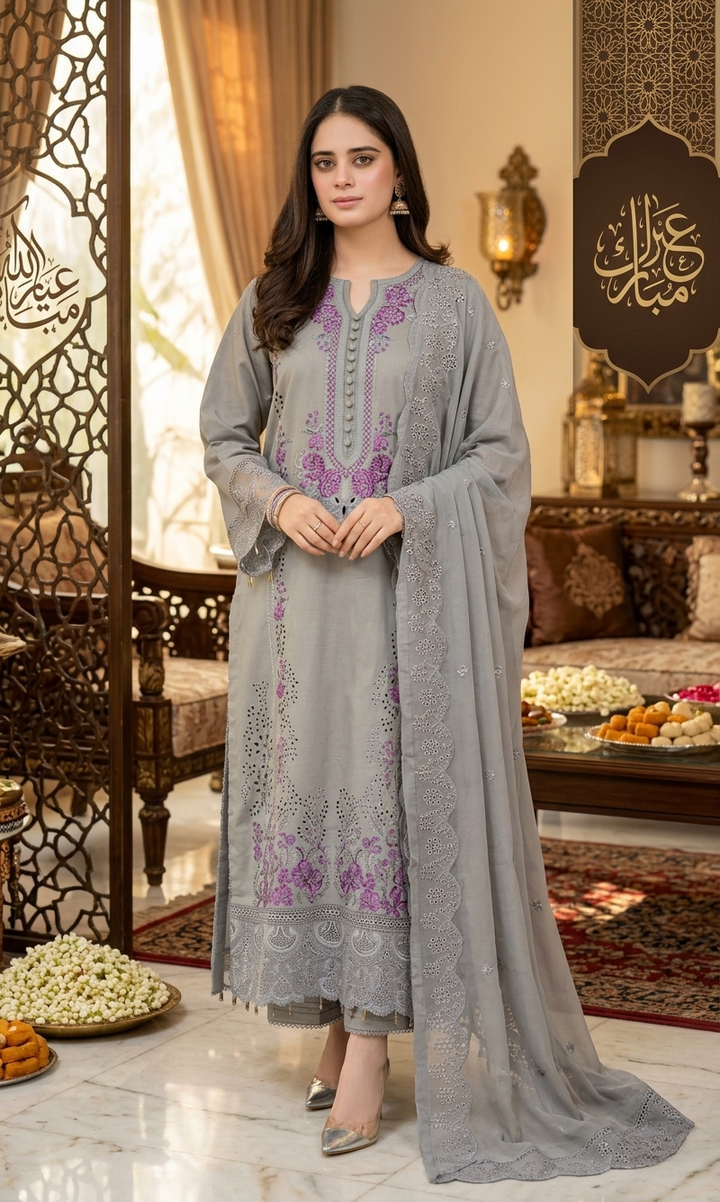 Luxury Grey 3 Piece Embroidered Lawn Suit – Cutwork & Floral Embroidery