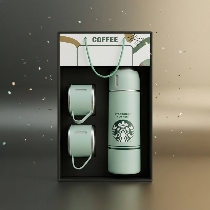🎁 Premium Coffee Style Vacuum Flask Gift Set | Stainless Steel Insulated Bottle with 2 Cups