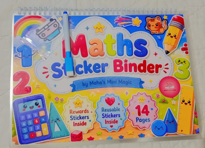 Maths Sticker Binder by Maha's Mini Magic — 14 Pages, Reusable & Reward Stickers | Kids Math Activity Book with Marker