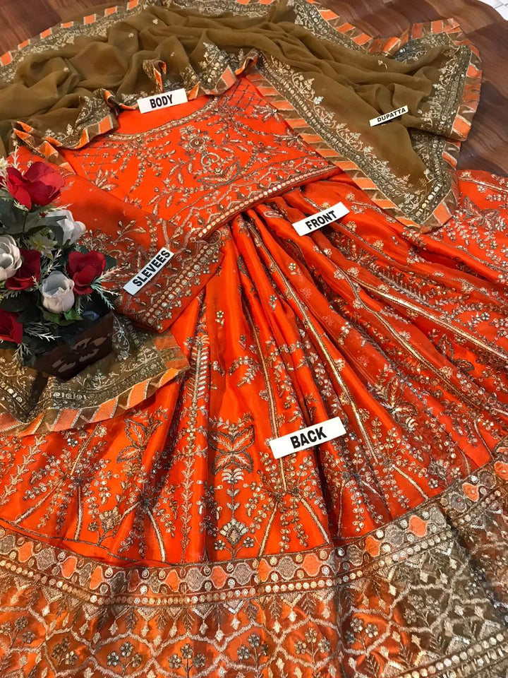 Asim Jofa Inspired Rust Orange Heavy Embroidered 3-Piece Unstitched Bridal Suit | Olive Green Dupatta | Antique Gold Zardozi | Wedding Collection