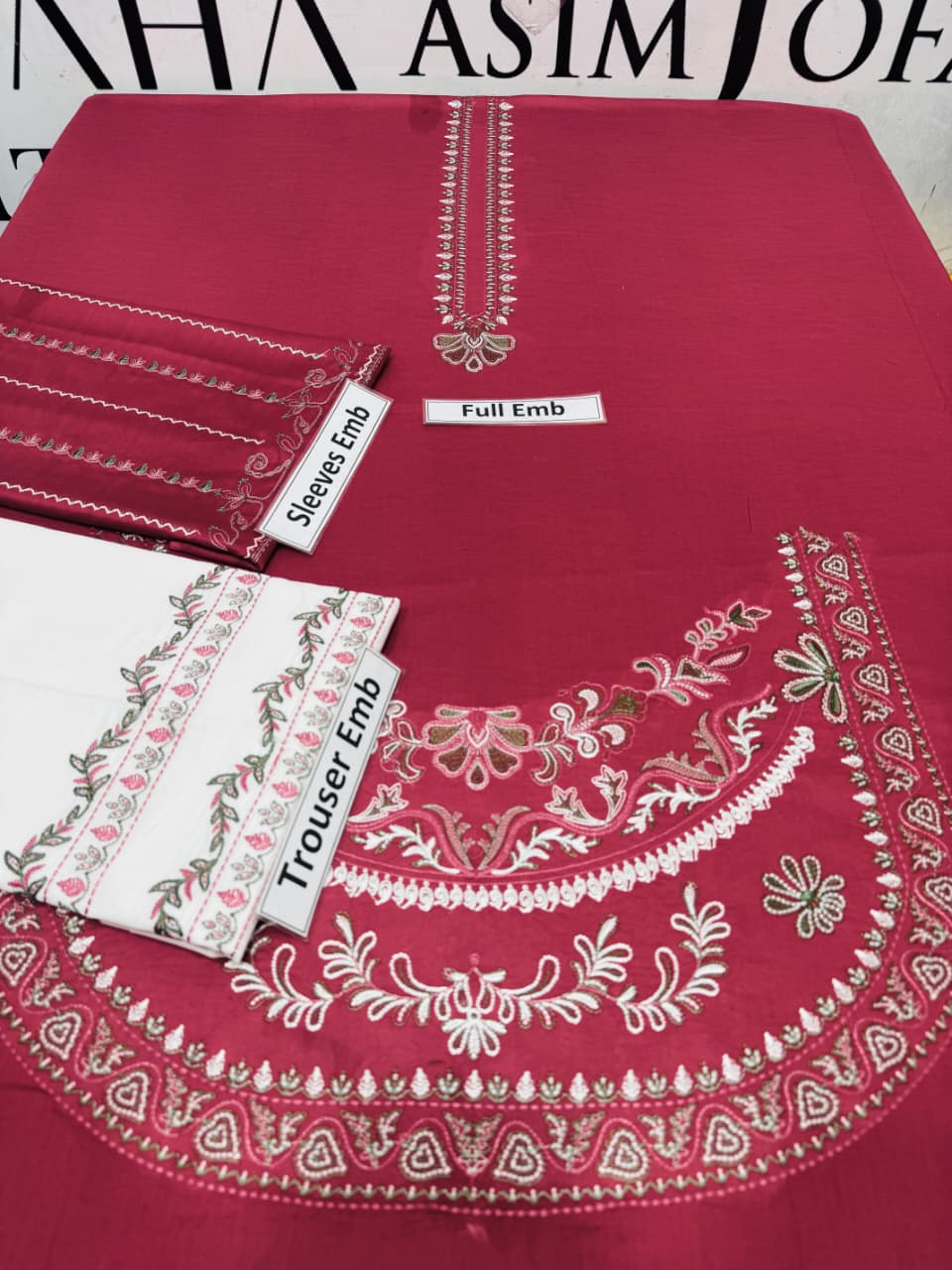 "Deep Red Full Embroidered Unstitched 2-piece Lawn Suit | Shirt + Sleeves + Trouser Fabric|Asim Jofa Inspired"