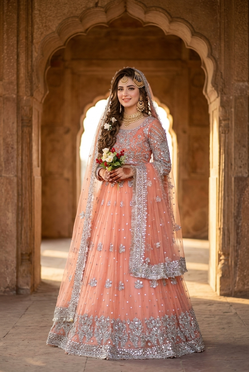 Kashee's Inspired Peach Heavy Embroidered 3-Piece Unstitched Bridal Suit | Silver Zardozi Net Fabric | Wedding Collection