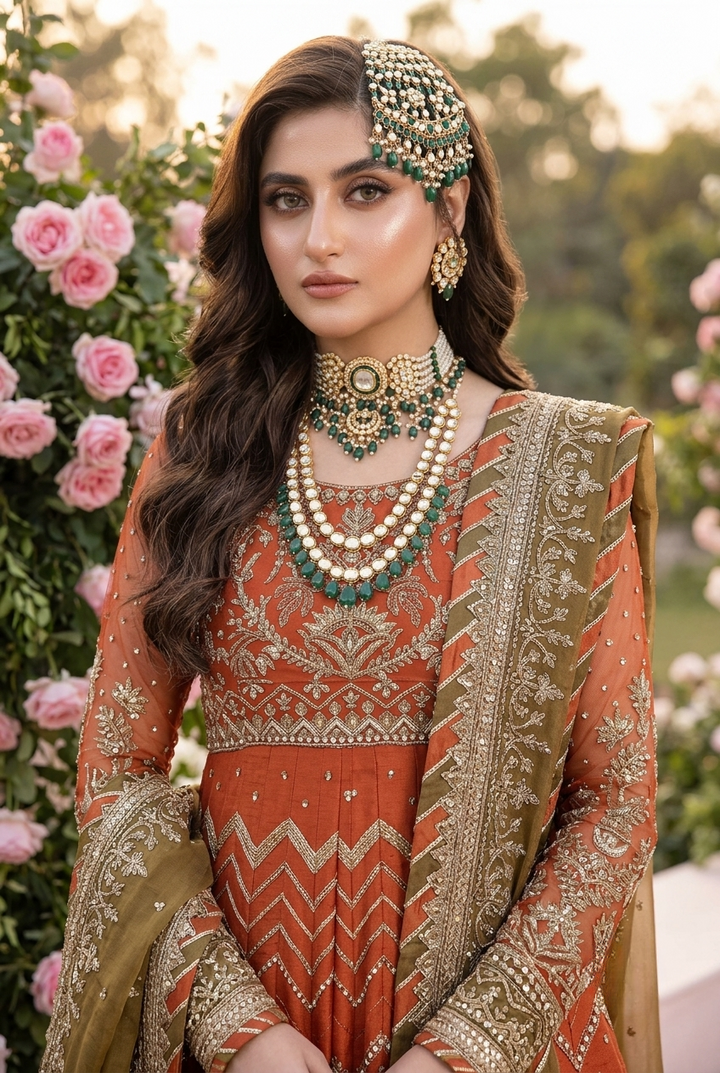 Asim Jofa Inspired Rust Orange Heavy Embroidered 3-Piece Unstitched Bridal Suit | Olive Green Dupatta | Antique Gold Zardozi | Wedding Collection