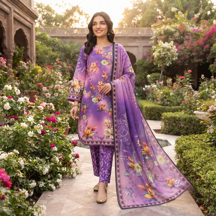 Bin Saeed Printed 3 Piece Unstitched Lawn Suit for Women