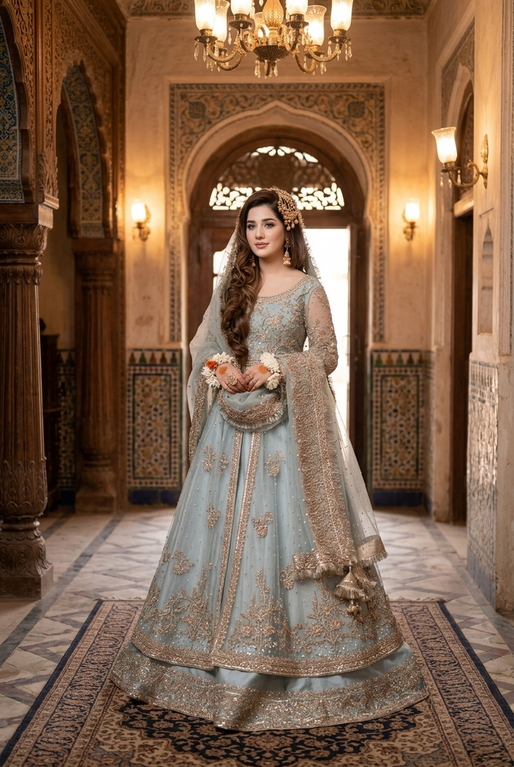 Kashee's Inspired Ice Blue Heavy Embroidered 3-Piece Unstitched Bridal Suit | Antique Gold Zardozi Net Fabric | Wedding Collection