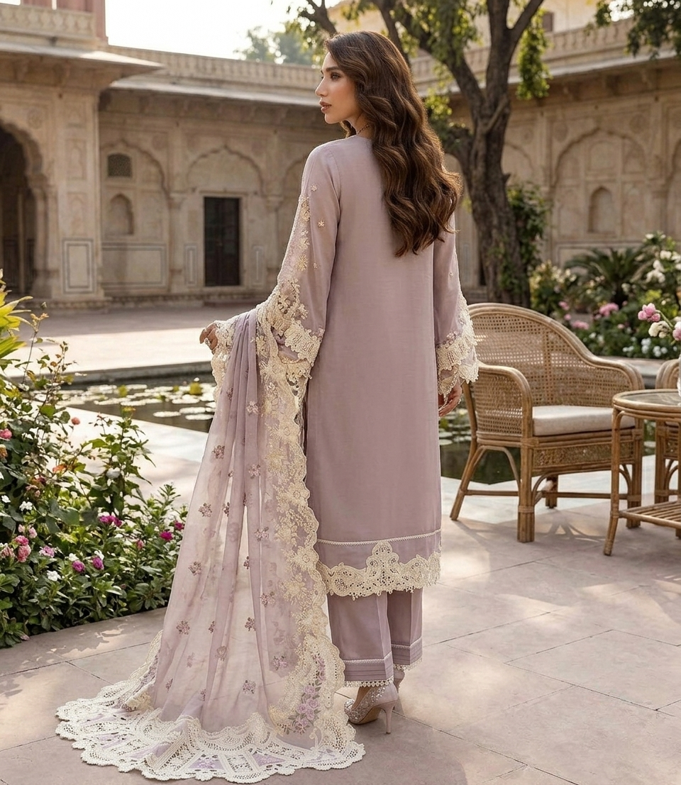 ELAF Luxury Embroidered Unstitched 3 Piece Cotton Suit with Embroidered chiffon Dupatta – Dusty Mauve | Designer Replica