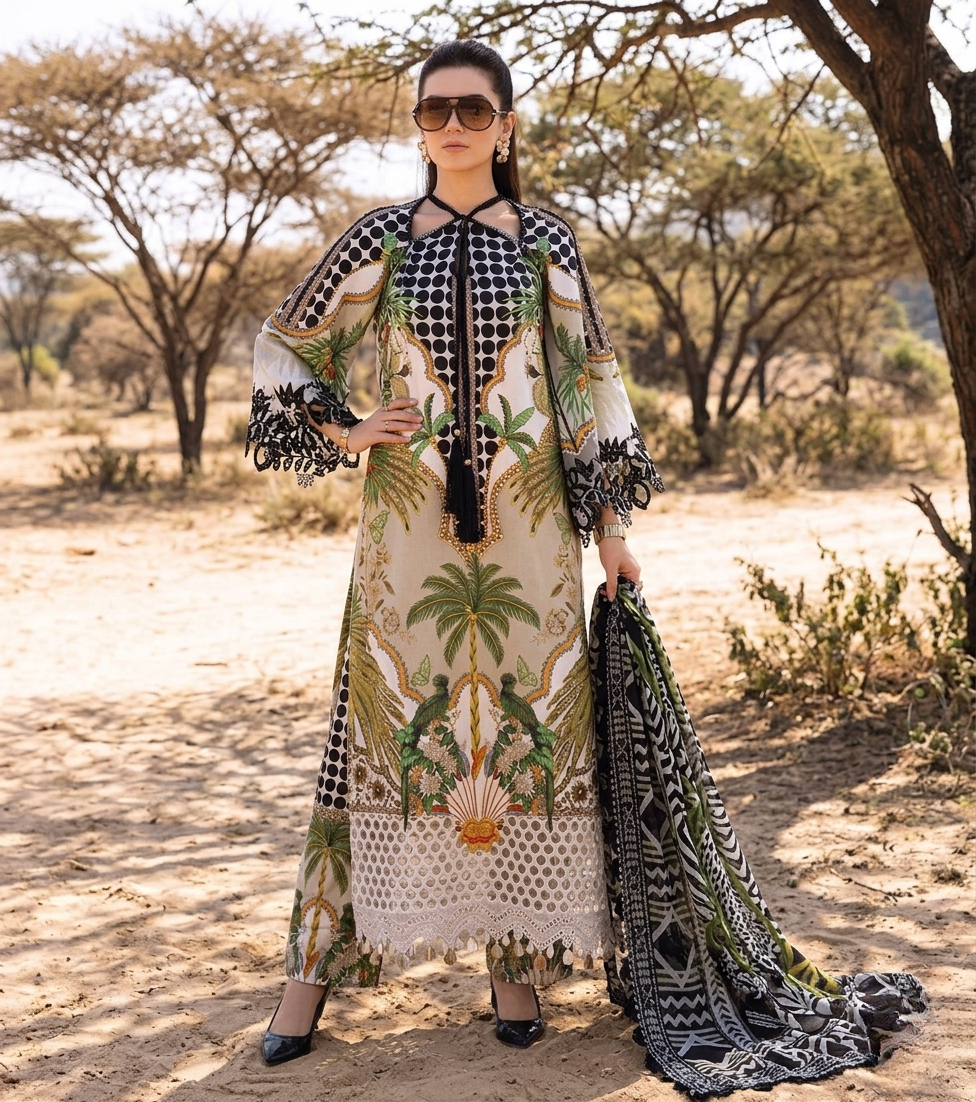 Maria.B M.Prints Tropical Palm Tree Embroidered Printed Lawn 3-Piece Suit