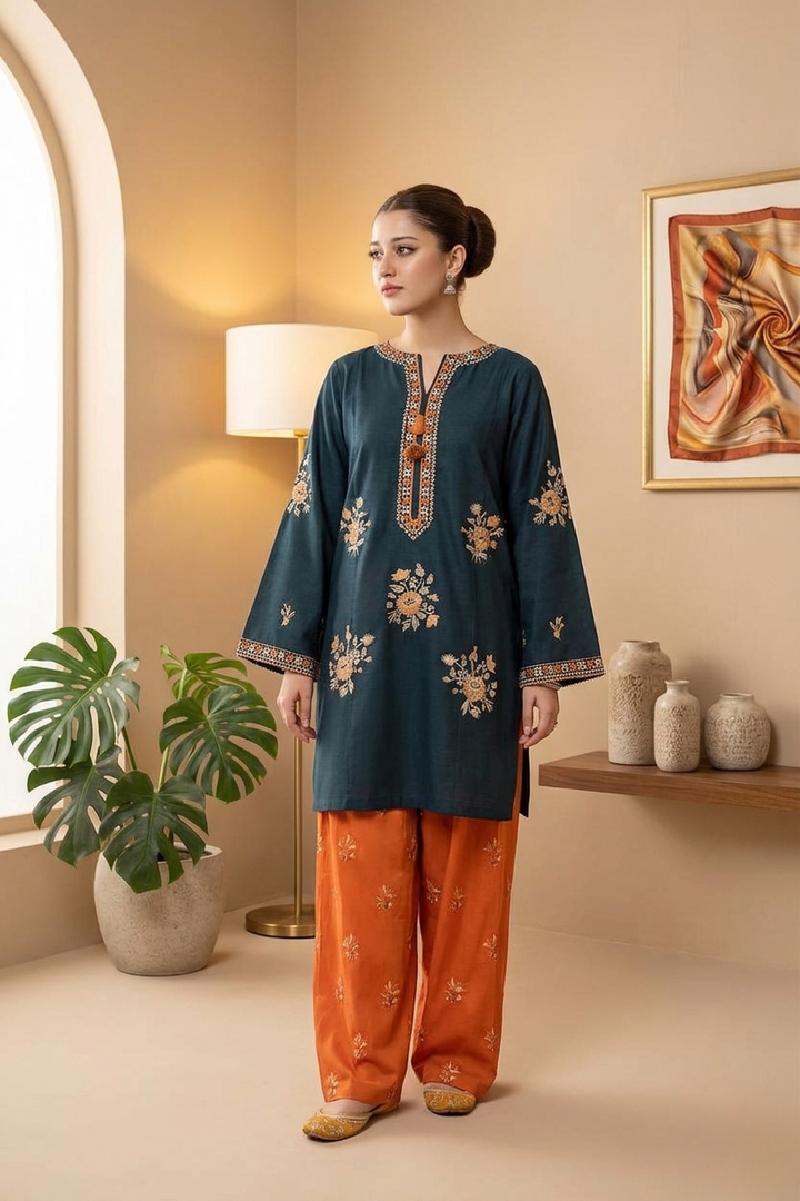 "Luxury Navy & Burnt Orange Embroidered 2-Piece Unstitched Suit | Eid & Festive Collection 2026"