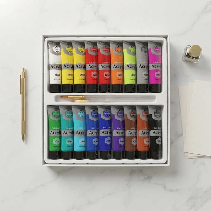 🎨 Keep Smiling Acrylic Paint Set – 18 Colors (30ml Each) with 2 Artist Brushes