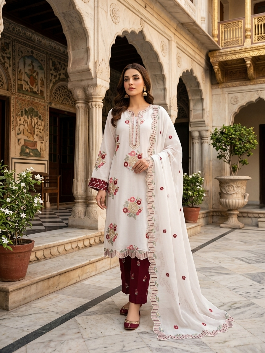 Asim Jofa Inspired 3 Piece Embroidered Lawn Suit – White & Maroon