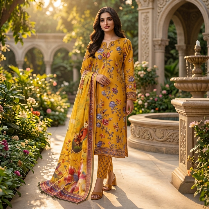 Bin Saeed Printed 3 Piece Unstitched Lawn Suit for Women