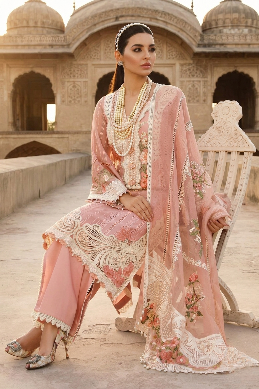 Crimson — Luxury Embroidered 3-Piece Suit | Blush Pink Floral Embroidery with Crochet Lace Dupatta