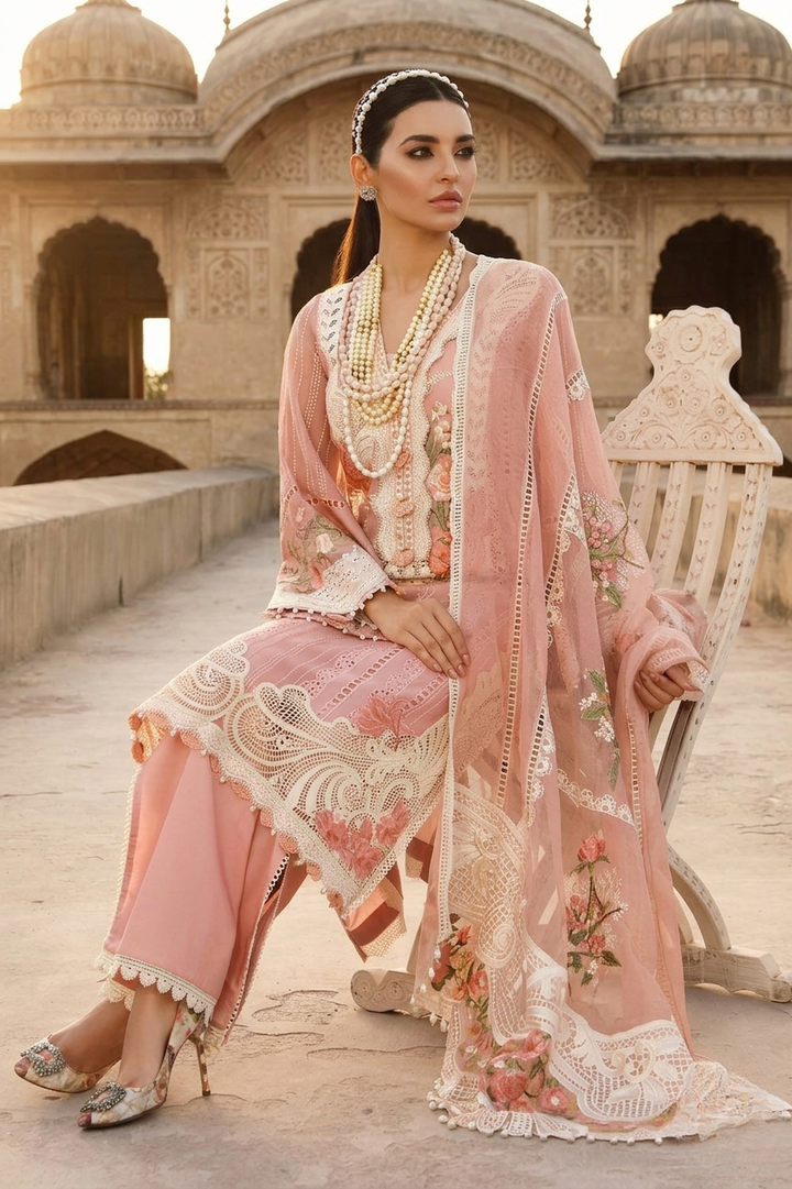 Crimson — Luxury Embroidered 3-Piece Suit | Blush Pink Floral Embroidery with Crochet Lace Dupatta