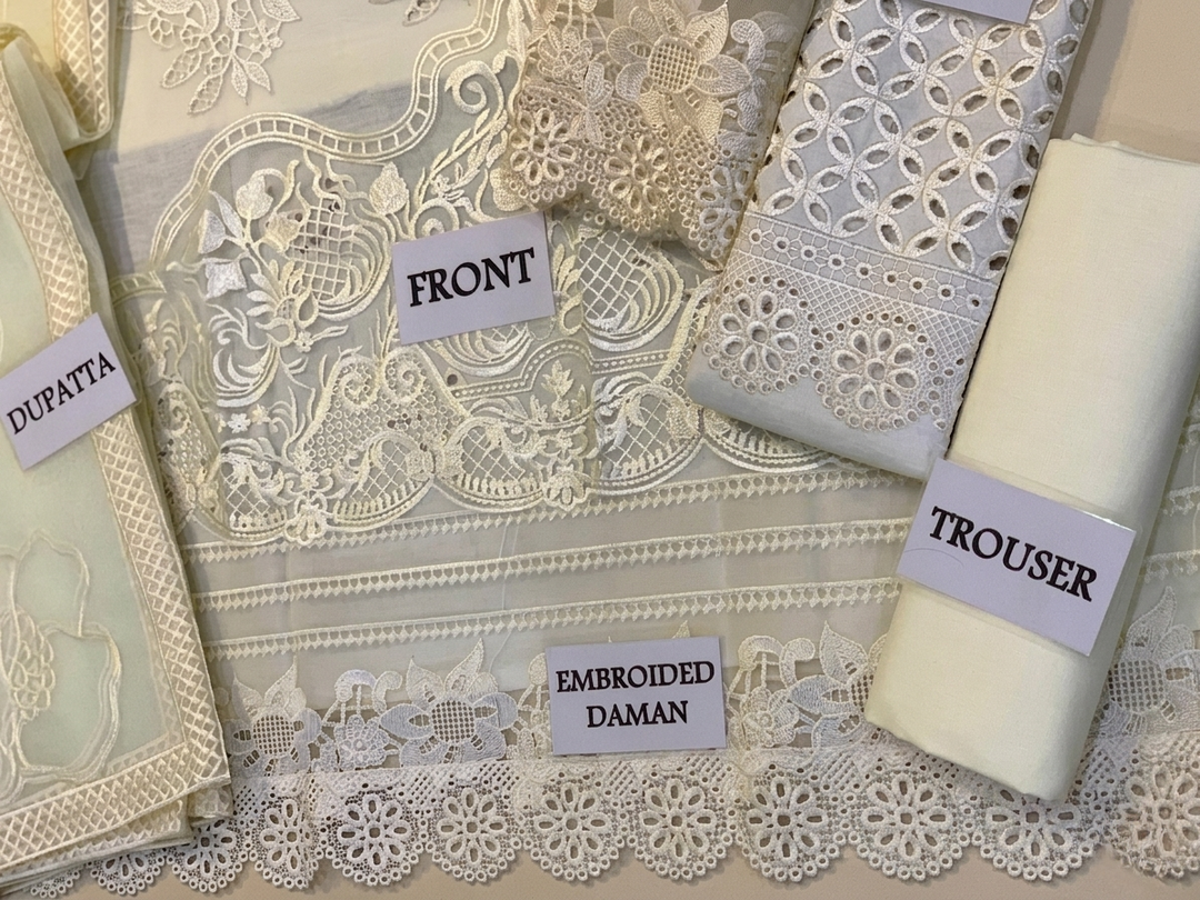 MUSHQ | Ivory Grace – Embroidered Cutwork Lawn 3-Piece Suit with Floral Organza Dupatta