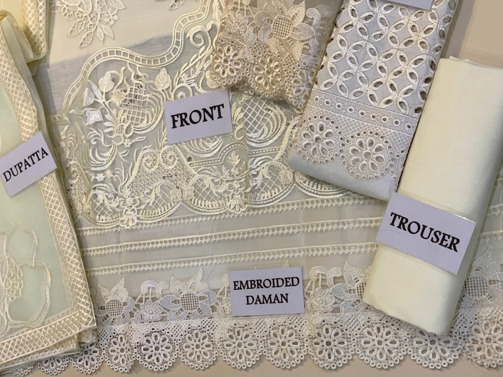 MUSHQ | Ivory Grace – Embroidered Cutwork Lawn 3-Piece Suit with Floral Organza Dupatta