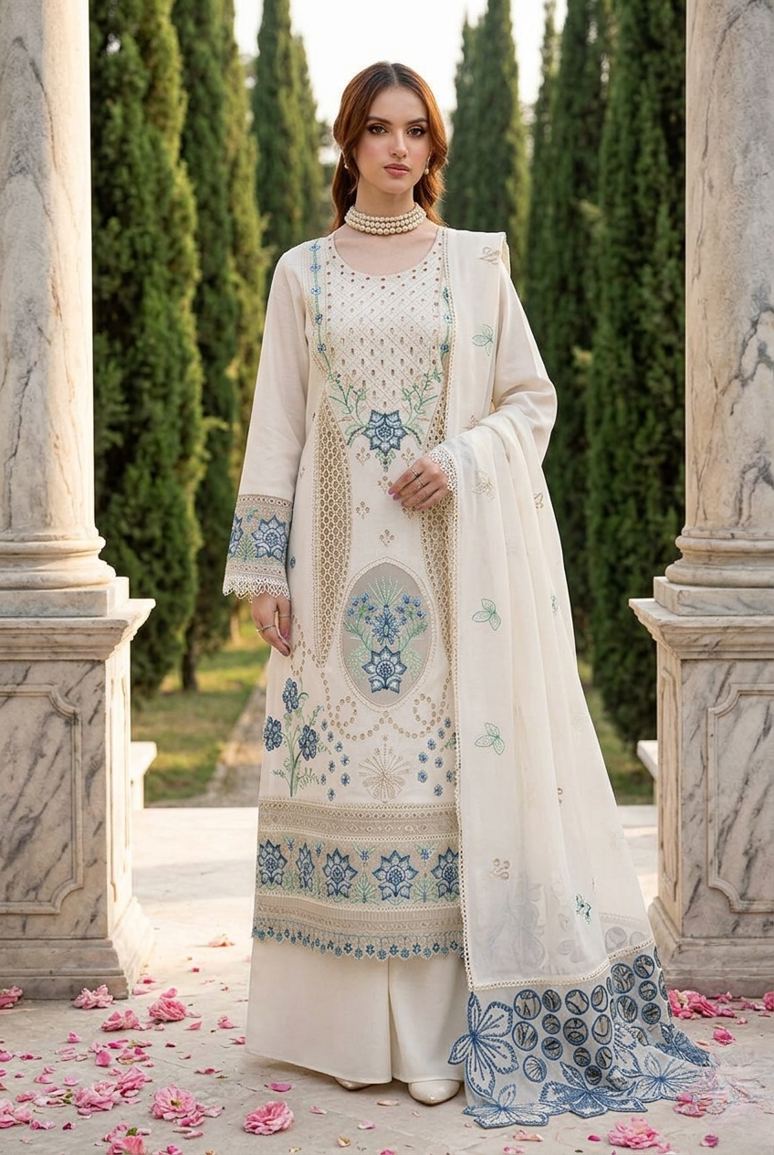 MAHNUR | Pearl Bloom – Ivory Embroidered Lawn 3-Piece Suit with Blue Floral Threadwork & Cutwork Details