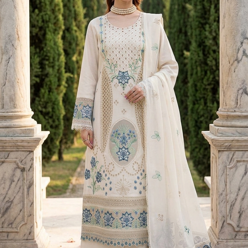 MAHNUR | Pearl Bloom – Ivory Embroidered Lawn 3-Piece Suit with Blue Floral Threadwork & Cutwork Details