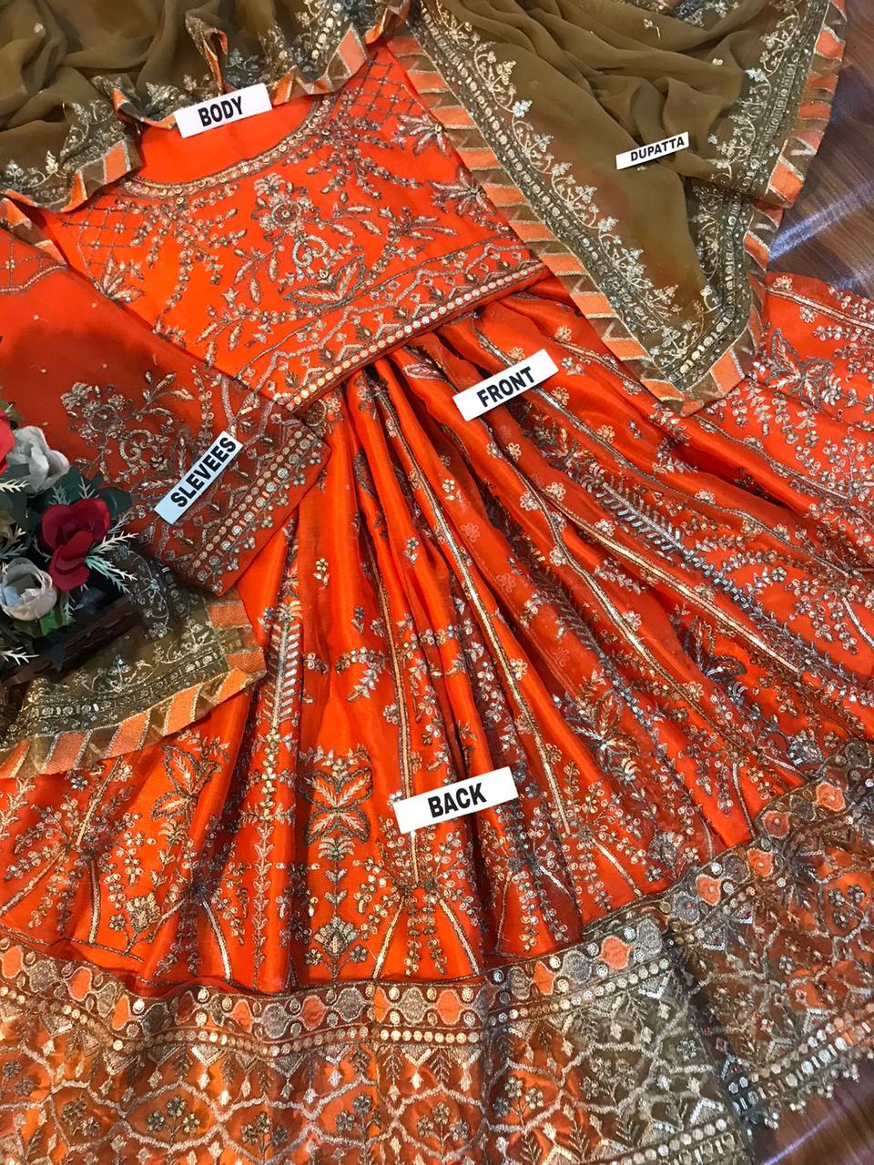 Asim Jofa Inspired Rust Orange Heavy Embroidered 3-Piece Unstitched Bridal Suit | Olive Green Dupatta | Antique Gold Zardozi | Wedding Collection