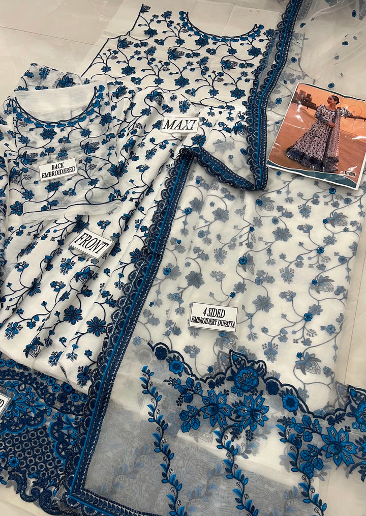 Unstitched Premium Chiffon Indian Party Wear Dress | Blue Floral Suit with Dupatta