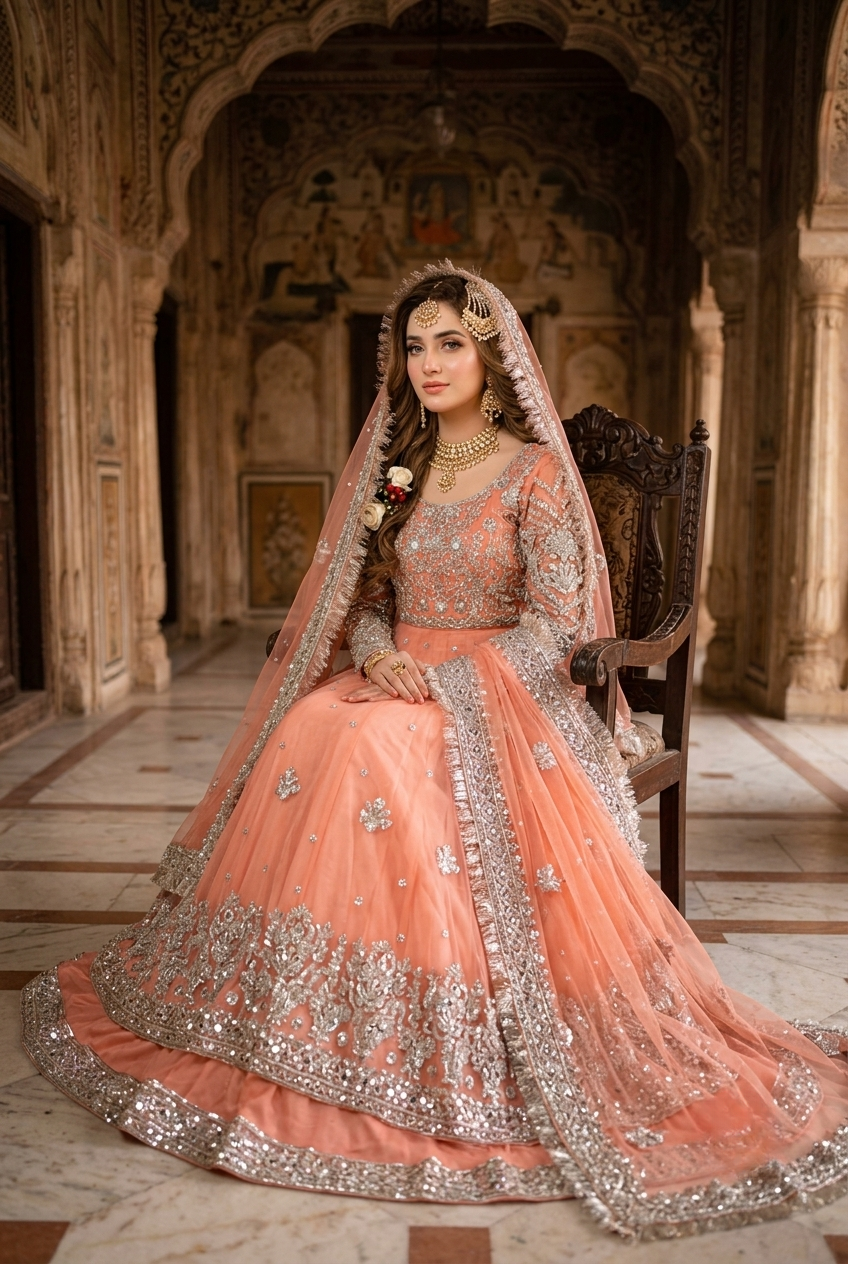Kashee's Inspired Peach Heavy Embroidered 3-Piece Unstitched Bridal Suit | Silver Zardozi Net Fabric | Wedding Collection