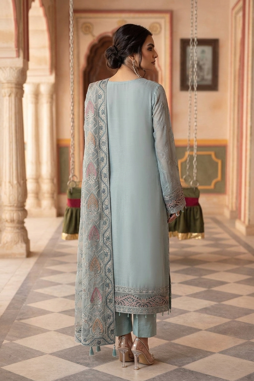 Ramsha Luxury Embroidered Unstitched 3 Piece Chiffon Suit with Organza Dupatta – Ice Blue | Designer Replica