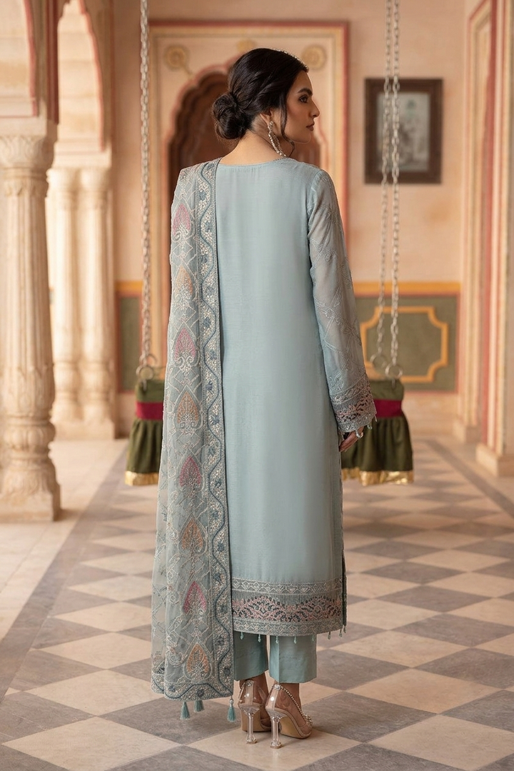 Ramsha Luxury Embroidered Unstitched 3 Piece Chiffon Suit with Organza Dupatta – Ice Blue | Designer Replica