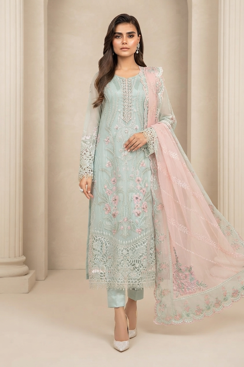 MARIA B COUTURE COLLECTION Unstitched Chiffon Embroidered Suit with Chiffon Dupatta & Satin Trouser – Luxury Women's Party Wear | Replica