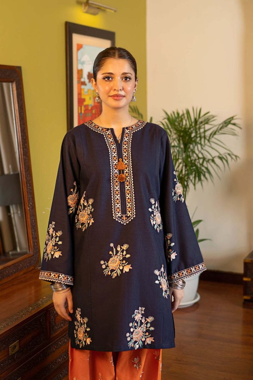 "Luxury Navy & Burnt Orange Embroidered 2-Piece Unstitched Suit | Eid & Festive Collection 2026"