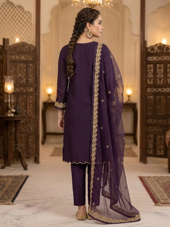 ANAYA-B Embroidery Collection Unstitched Purple Organza Embroidered Suit with Organza Dupatta | Silk Trouser