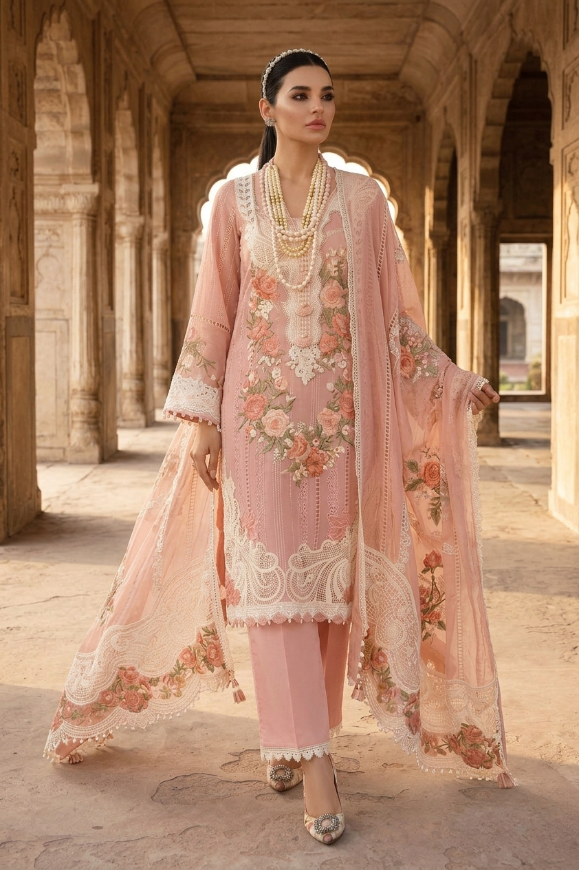 Crimson — Luxury Embroidered 3-Piece Suit | Blush Pink Floral Embroidery with Crochet Lace Dupatta