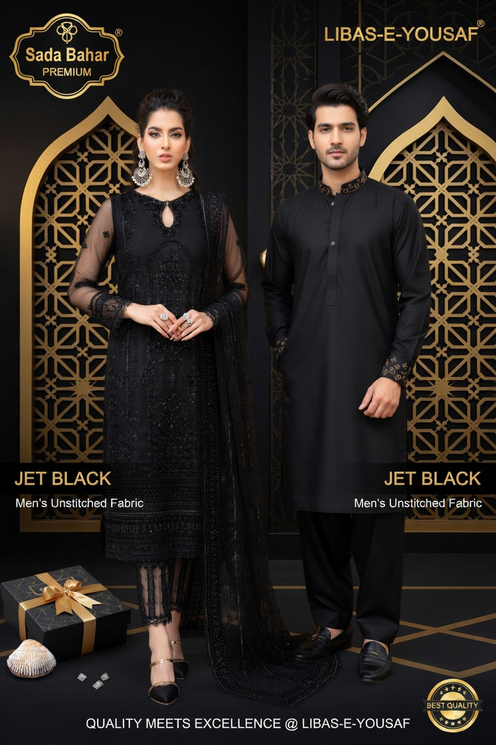 Elite Class Couple Bundle | Premium Black Shalwar Kameez for Him & Embroidered Luxury Suit for Her | Limited Time Sale