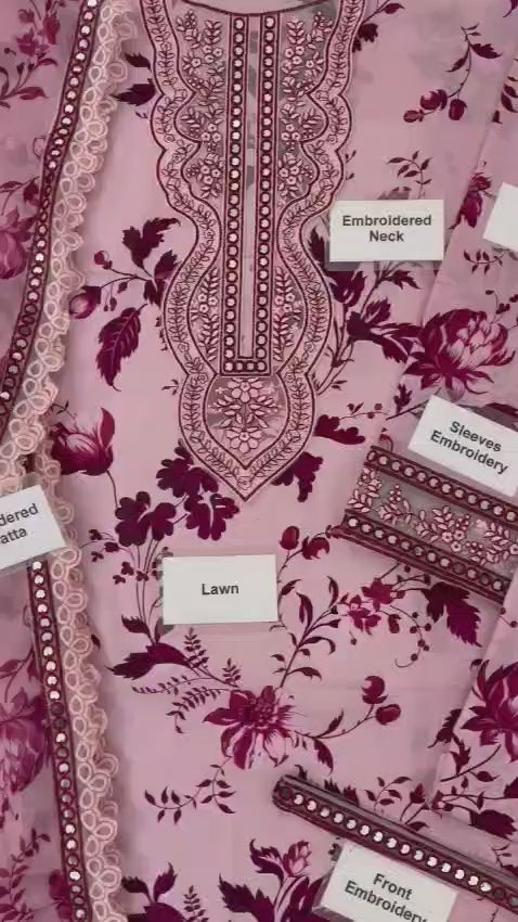 🌸 Soft Pink 9mm Lawn Suit by Aneela’s Collection – Heavy Embroidered Neck & Dupatta 🌸