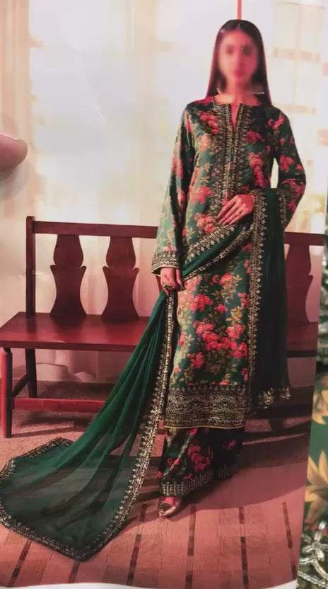 ✨ Luxury Printed Shamoz Silk Heavy Embroidered Suit with Chiffon Dupatta ✨