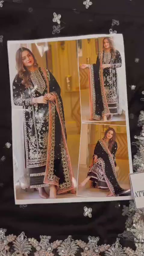 Aneela's Luxury Embroidered Chiffon Wedding Collection- Black With Chiffon Duppata - King Copy