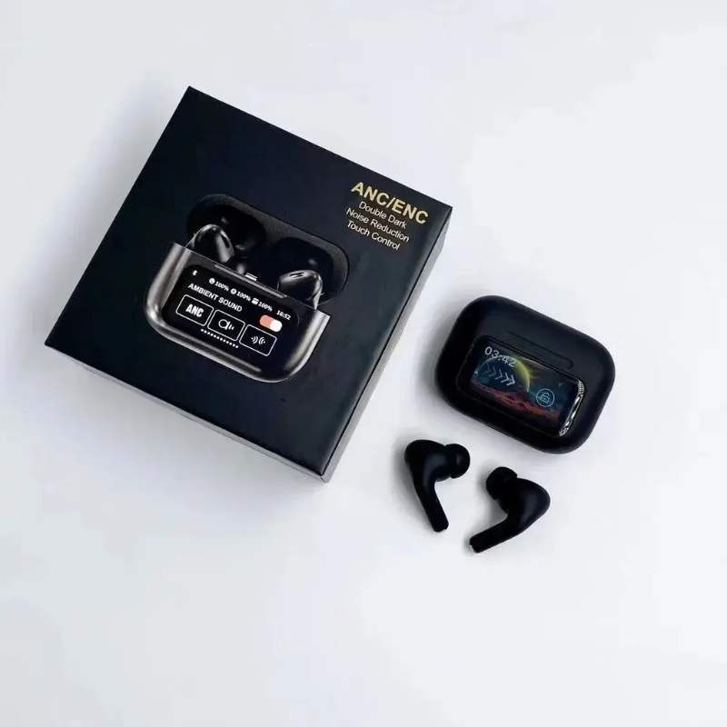 Black A9 Pro ANC Bluetooth 5.4 Wireless Earbuds with Smart Screen and Active Noise Cancellation